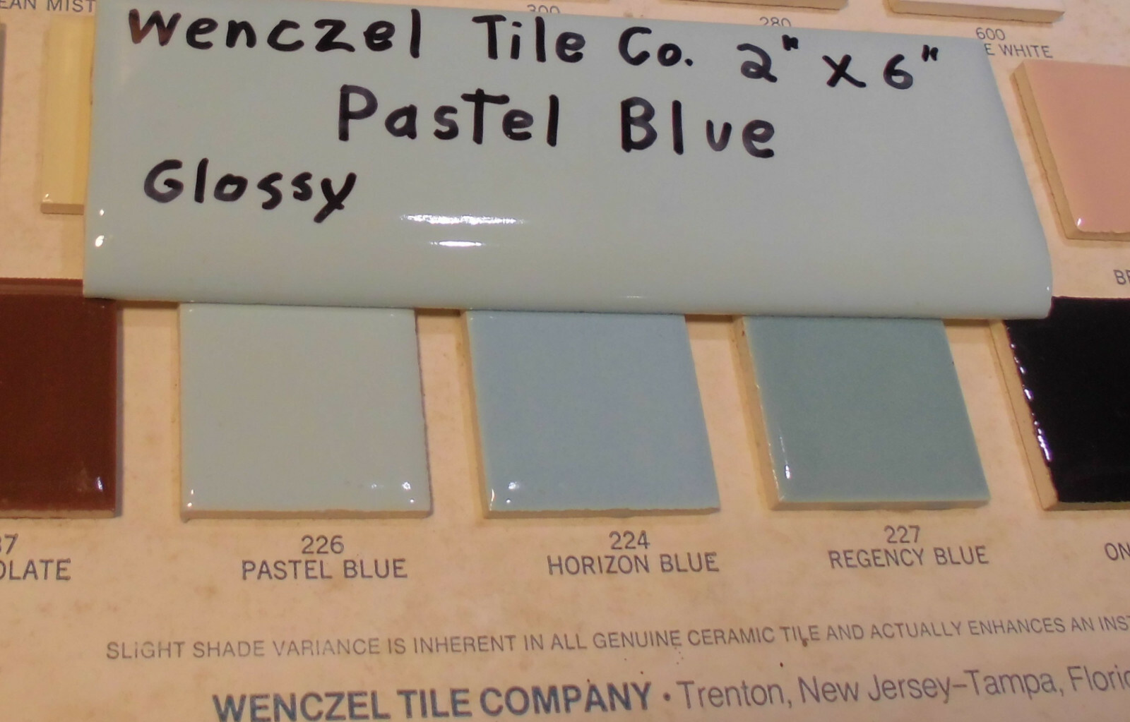 1 pc. Vintage Glossy *Pastel Blue* 2” X 6” Bullnose Ceramic Tile by Wenczel Co.
