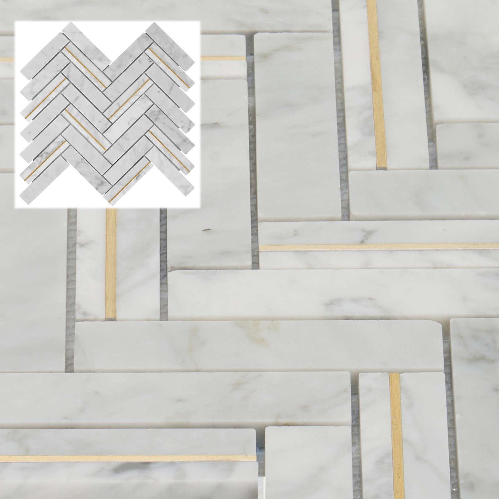 Carrara White Marble Stone Gold Metal Inlay Herringbone Kitchen Tile Backsplash