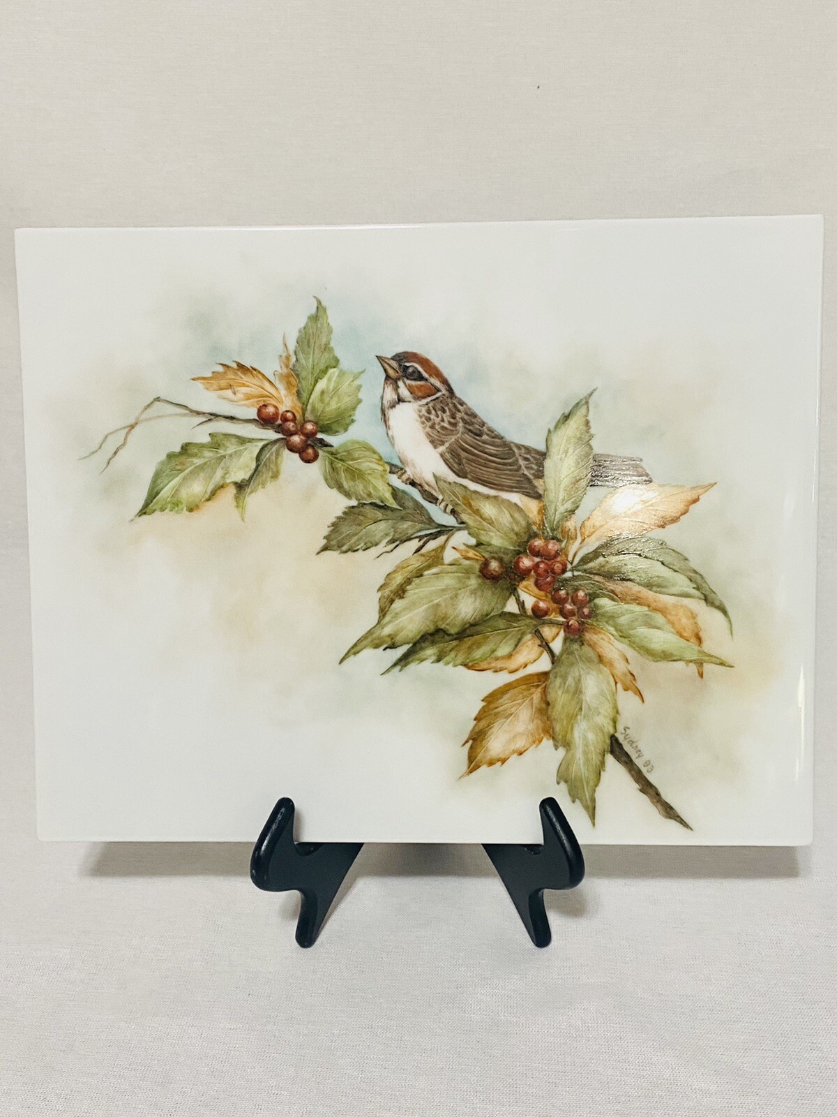 Sparrow on a Lingonberry Branch Art Border Backsplash Ceramic Craft Tile 8”x10”