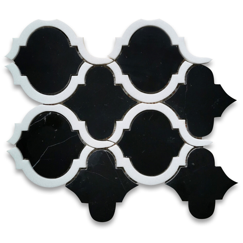 N89AXH Nero Marquina Black Marble Waterjet Arabesque Lantern Tile White Honed