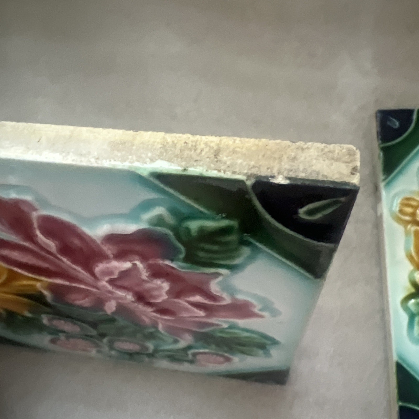 Set of 2 Antique Japanese Majolica Tiles Danto Kaisha DK Peony Chrysanthemum 6×6
