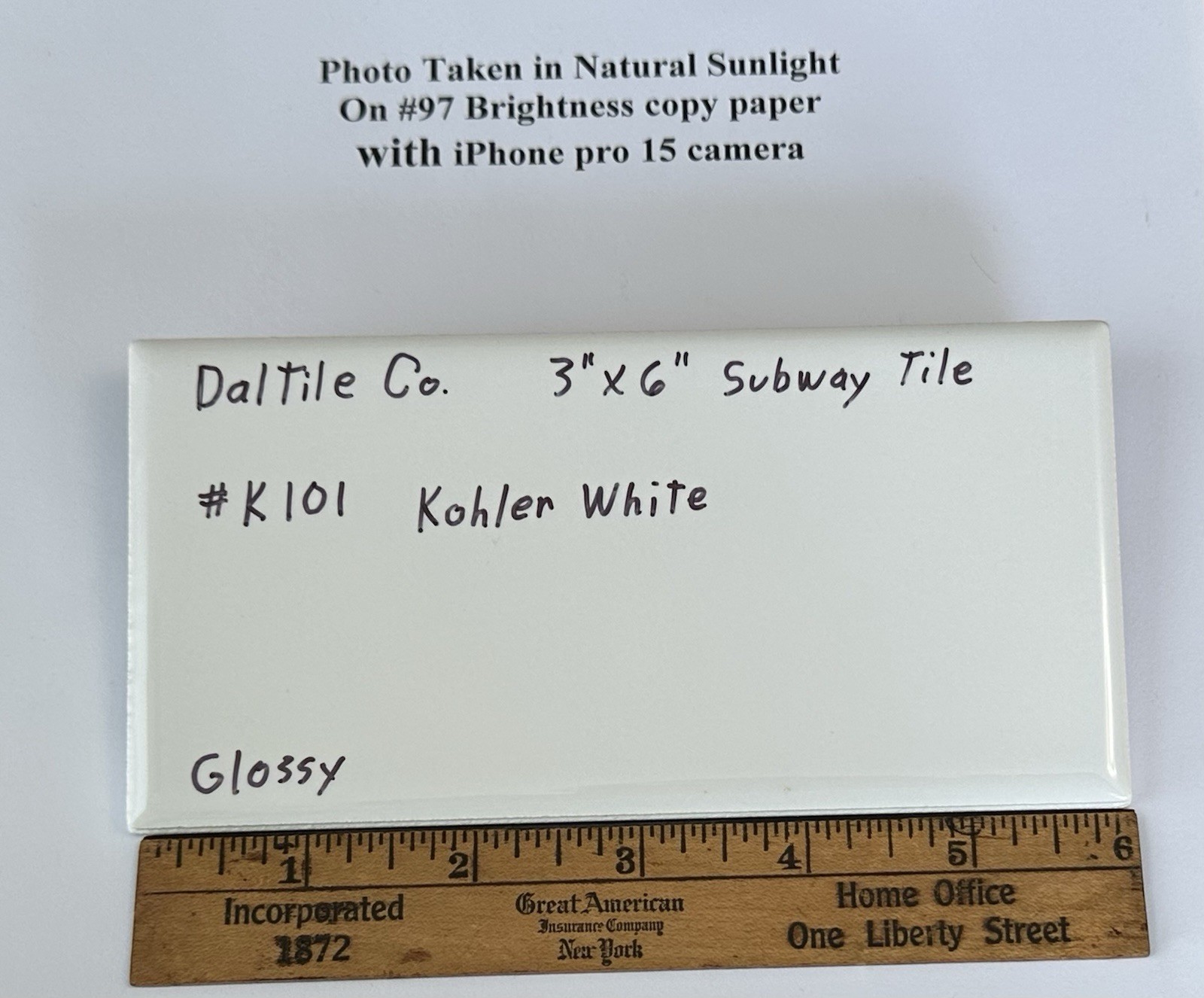 1 pc. Kohler White by Daltile #K-101: 3″ X 6″ Glossy Ceramic Tile, New Stock