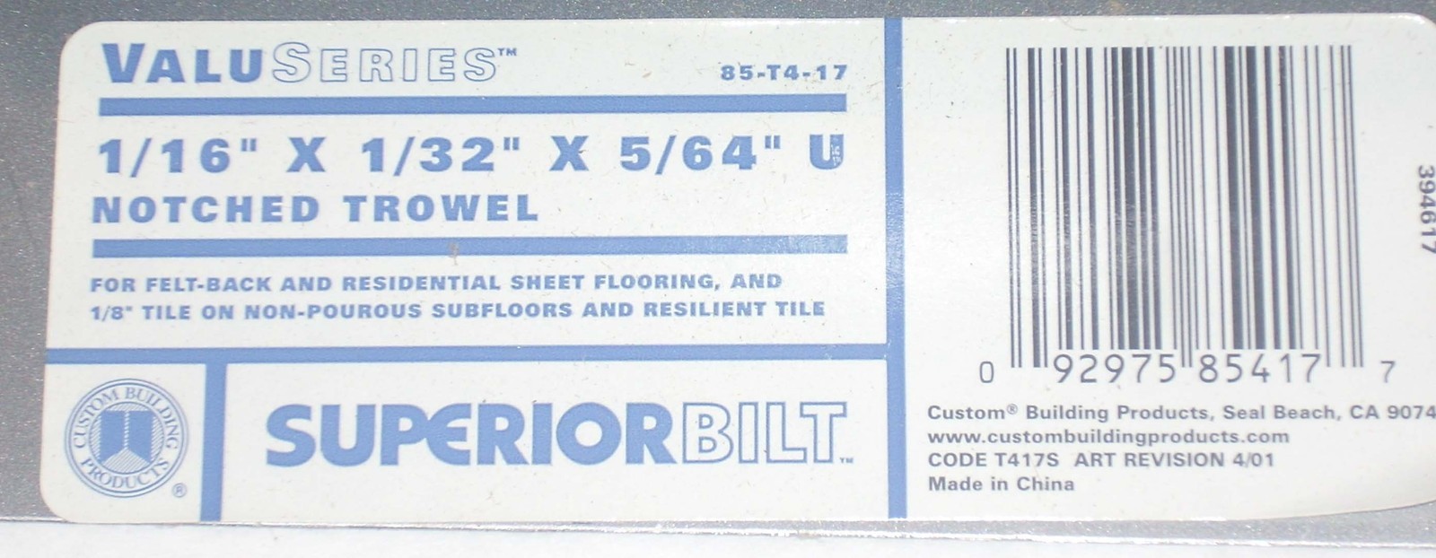Superiorbilt 85-T4-17 Trowel 1/16 x 1/32 x 5/64 U Notched Trowel Residential She