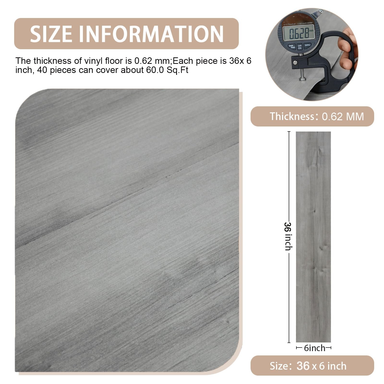 Peel and Stick Floor Tile, 40-Pack 60 Sq.Ft, Natural Grey Wood Grain Look, Se…