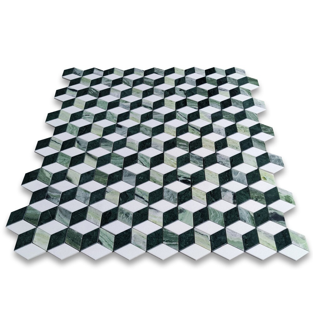 T34K2XP Thassos White Marble Illusion 3D Rhombus Hexagon Mosaic Tile Green