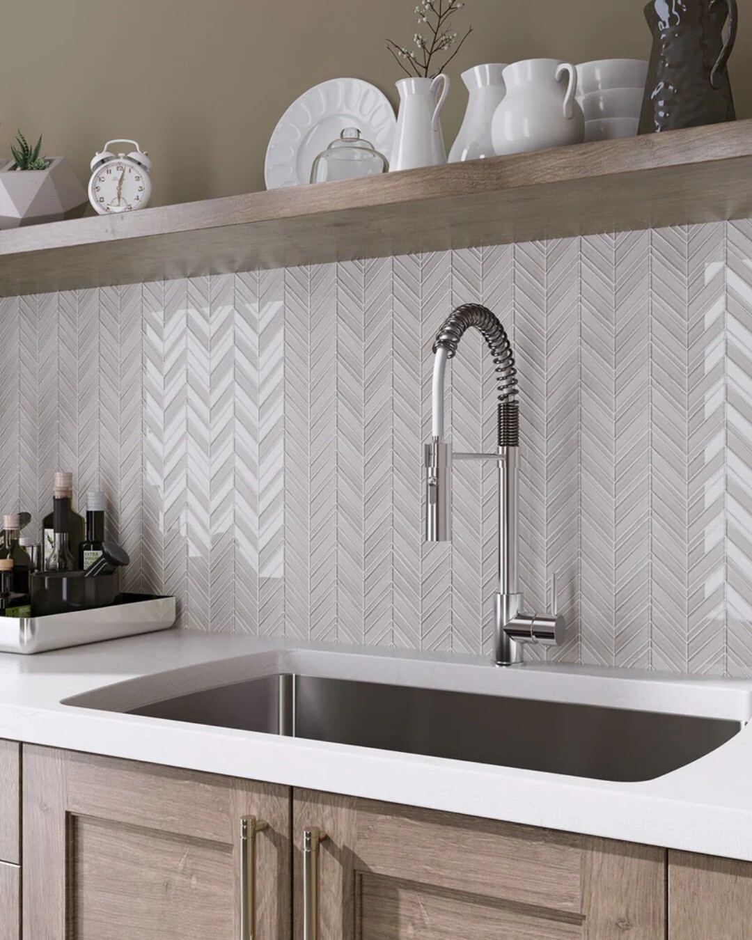 BIANCO VENATO CHEVRON HONED OFF WHITE GLOSS TILE MOSAIC 12X12, KITCHEN, BATHROOM