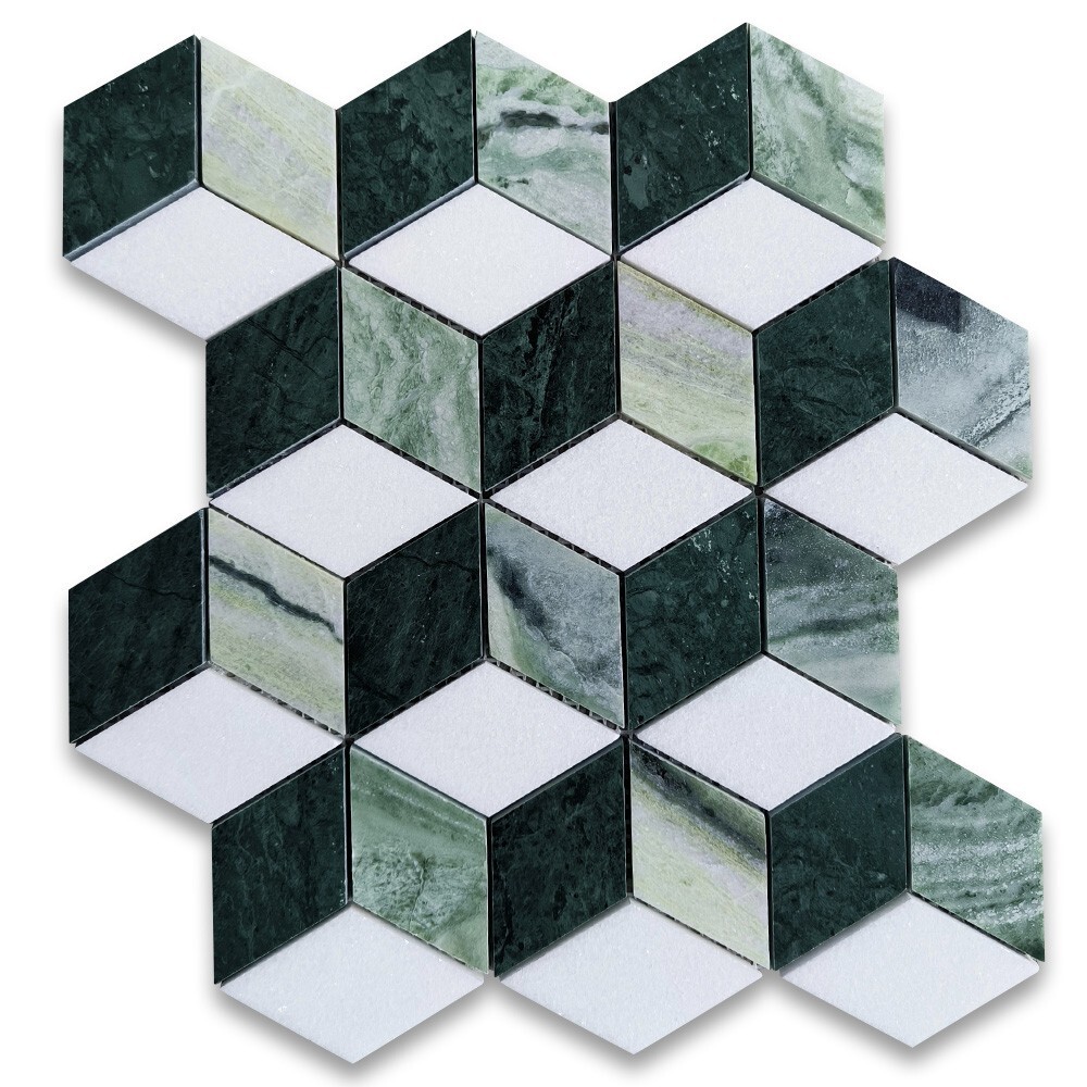 T34K2XP Thassos White Marble Illusion 3D Rhombus Hexagon Mosaic Tile Green