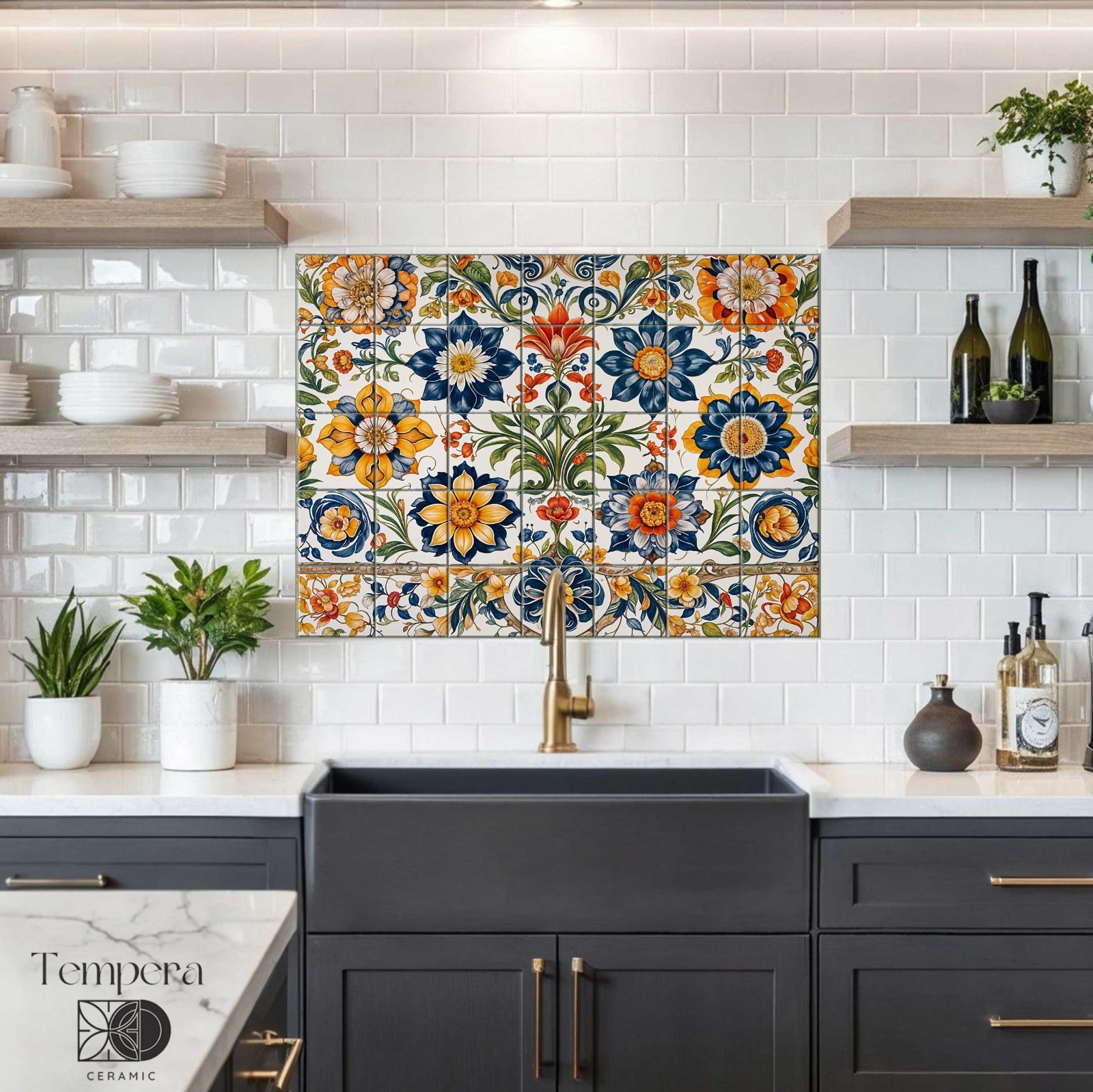 Mexican style ceramic tiles, backsplash tiles, floral tile pattern, stove tiles