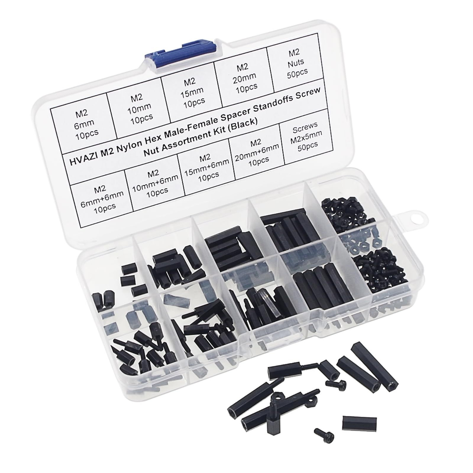 HVAZI M2 Nylon Hex Male-Female Spacer Standoffs Screw 180PCS/M2 Black, Black