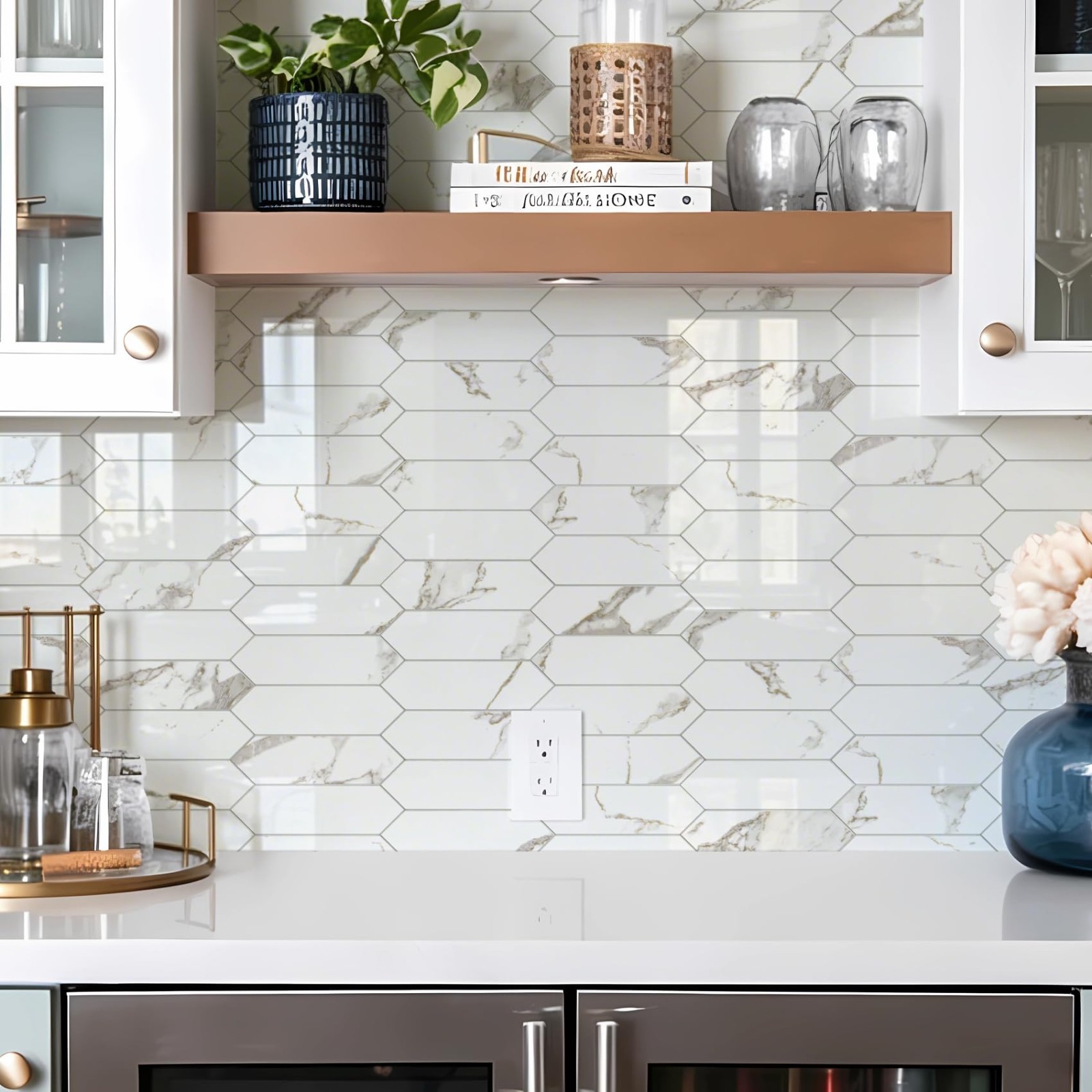 Glossy White Marble Peel and Stick Backsplash Tile with Gold Veining, 12.8″ Hexa