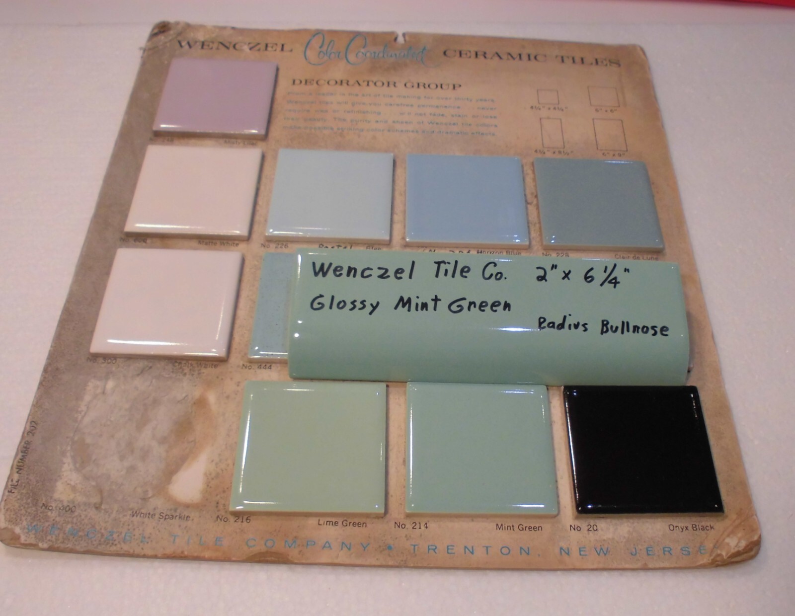 1 pc. Mint Green: Glossy Ceramic Radius Bullnose Tile: Wenczel Co. 2″ X 6-1/4″