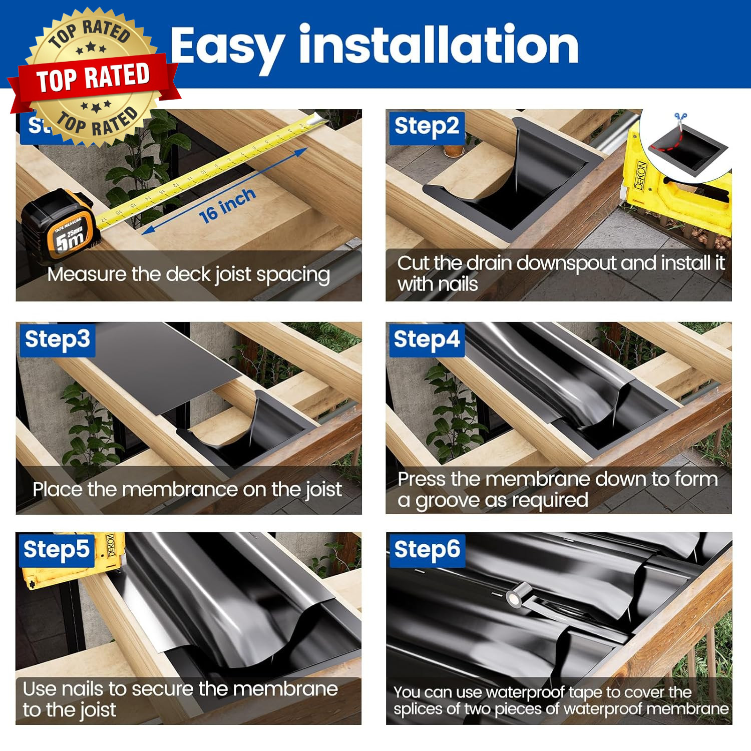 1PCS 50FT Black under Deck Drainage System Trough HDPE Waterproofing Membrane Fi