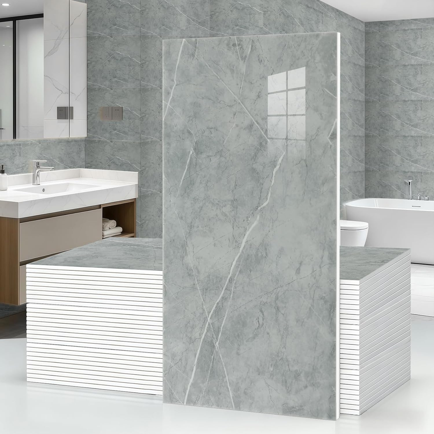 10Pcs Grey Marble Wall Panels 23.6″X11.8″ PVC Waterproof Tiles Peel and Stick Wa