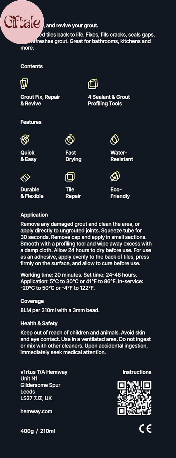 Bright White Grout Reviver Kit | Ready Mixed Grout Repair 400G / 210Ml with 4 Pi