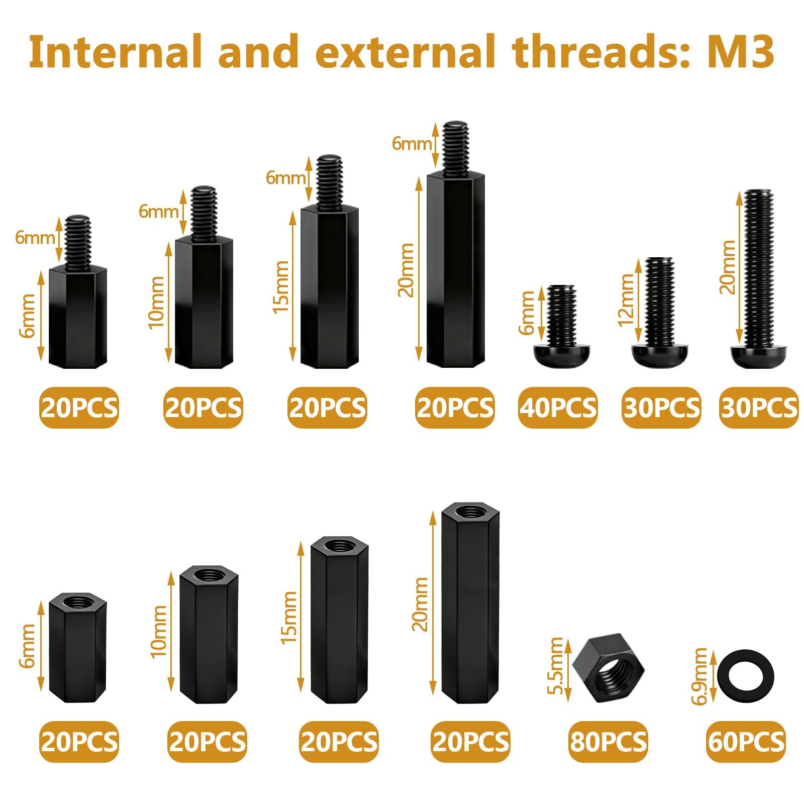 Aienxn 640PCS M3 Brass and Nylon Motherboard Standoffs 640PCS, Yellow & Black