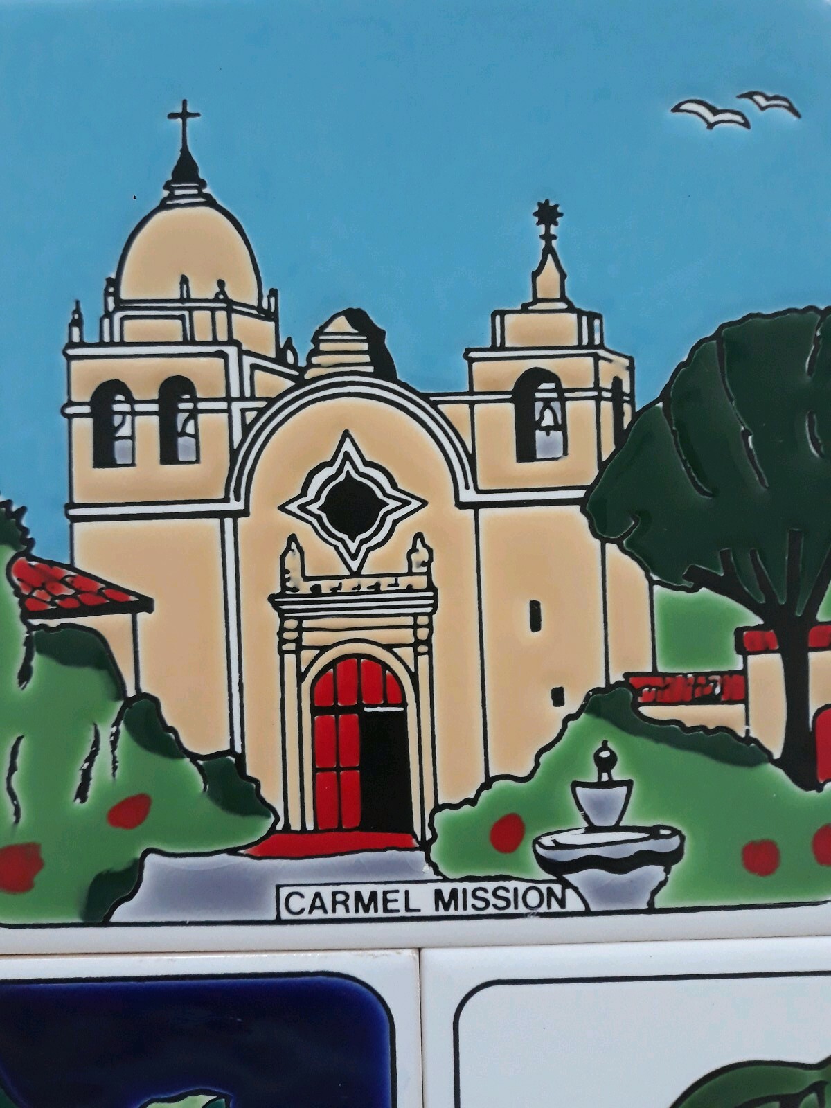 Lot of 3 Art Decorative Ceramic tiles Hibiscus, chili peppers & Carmel Mission