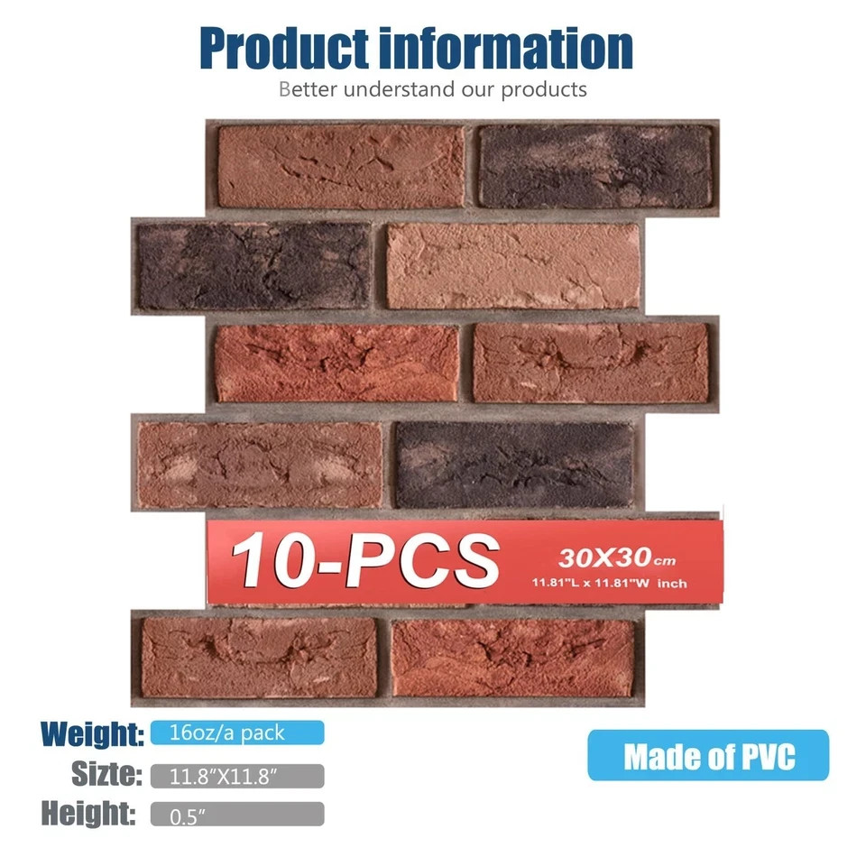 10 Pack 11.8″x11.8″ 3D Brick Wall Panels Peel and Stick Foam Adhesive Wallpaper