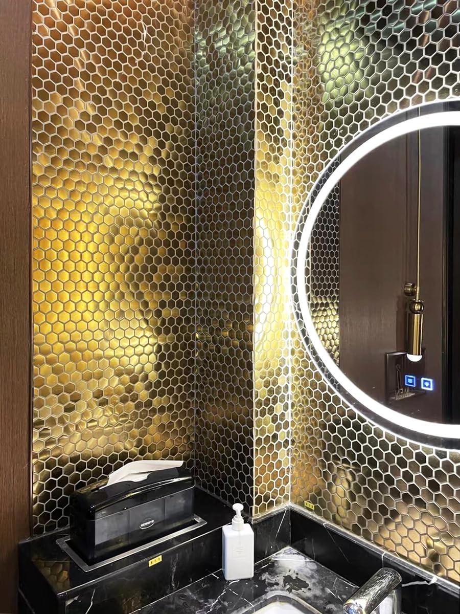 Hexagon Gold Backsplash Tile, Mosaic Sheets 12”x12” Mesh Mounted Golden 1 I…