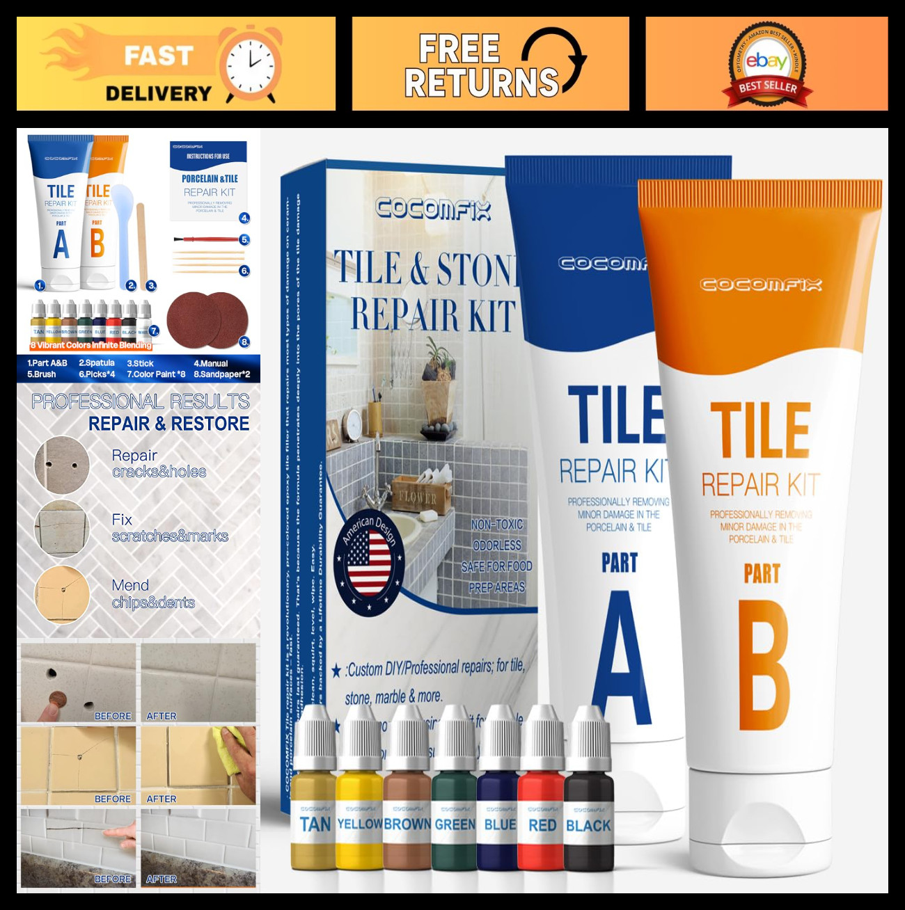 Tile Repair Kit for Chips & Cracks – Color Match Adhesive for Ceramic, Porcelain