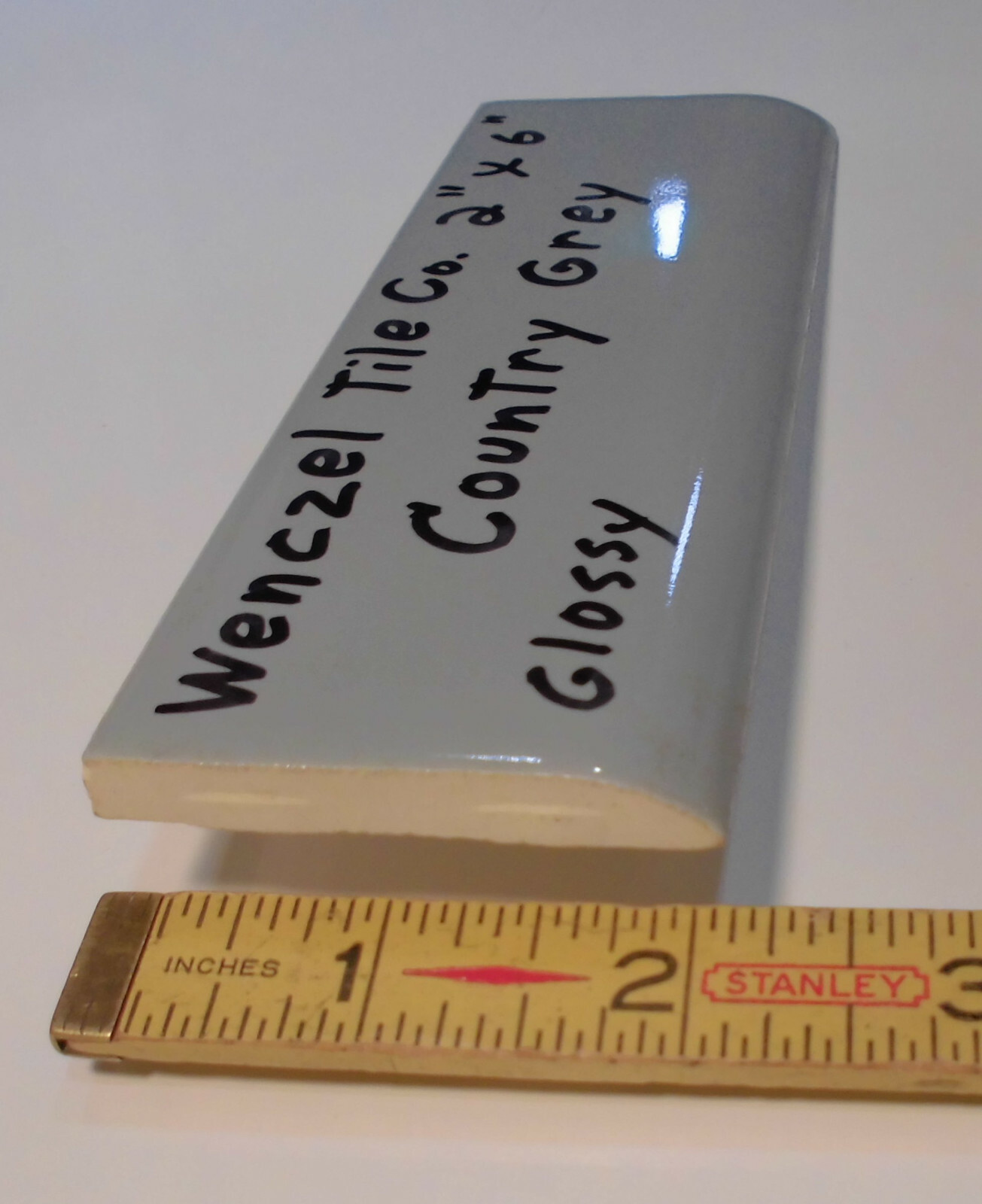1 pc. Vintage Glossy *Country Gray* 2” X 6” Bullnose Ceramic Tile by Wenczel Co.