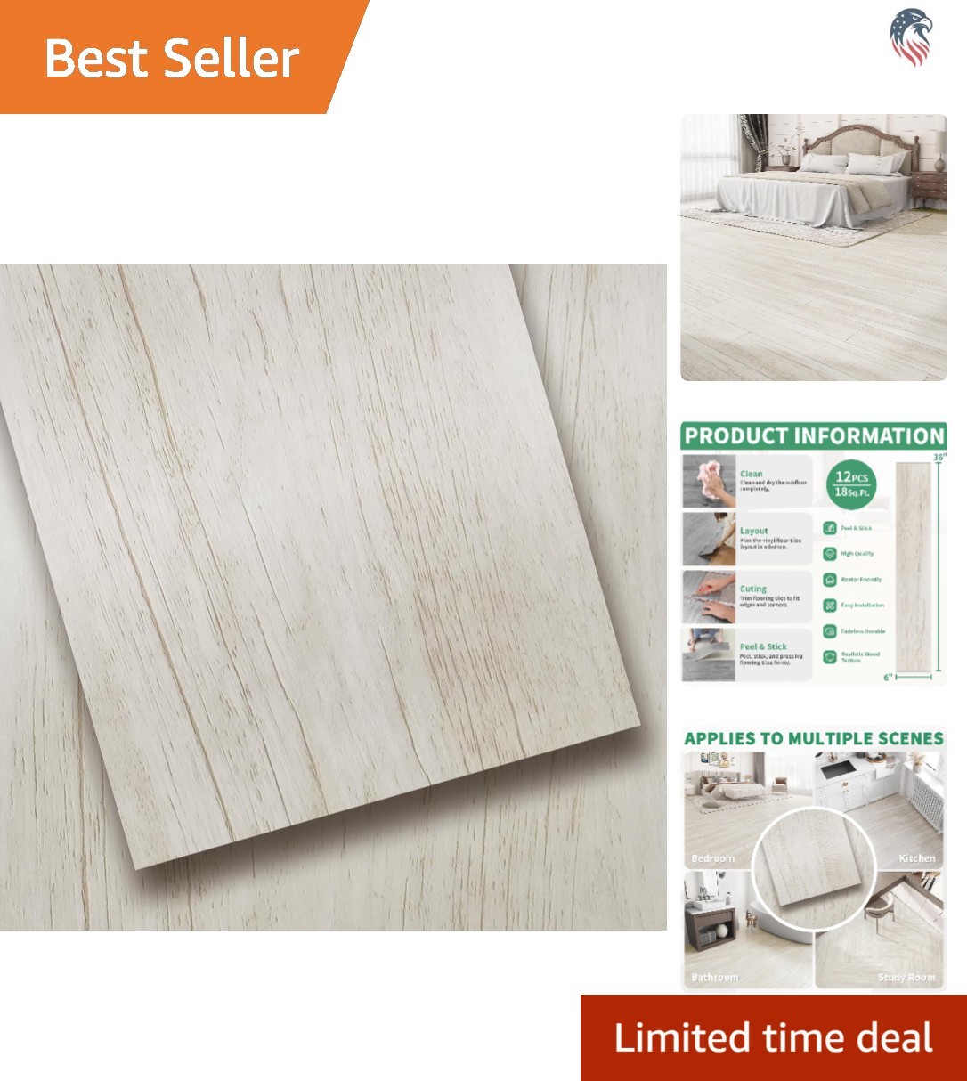 18 Sq Ft Vinyl Peel and Stick Floor Tiles 36×6 Inch Rustic White Self Adhesiv…