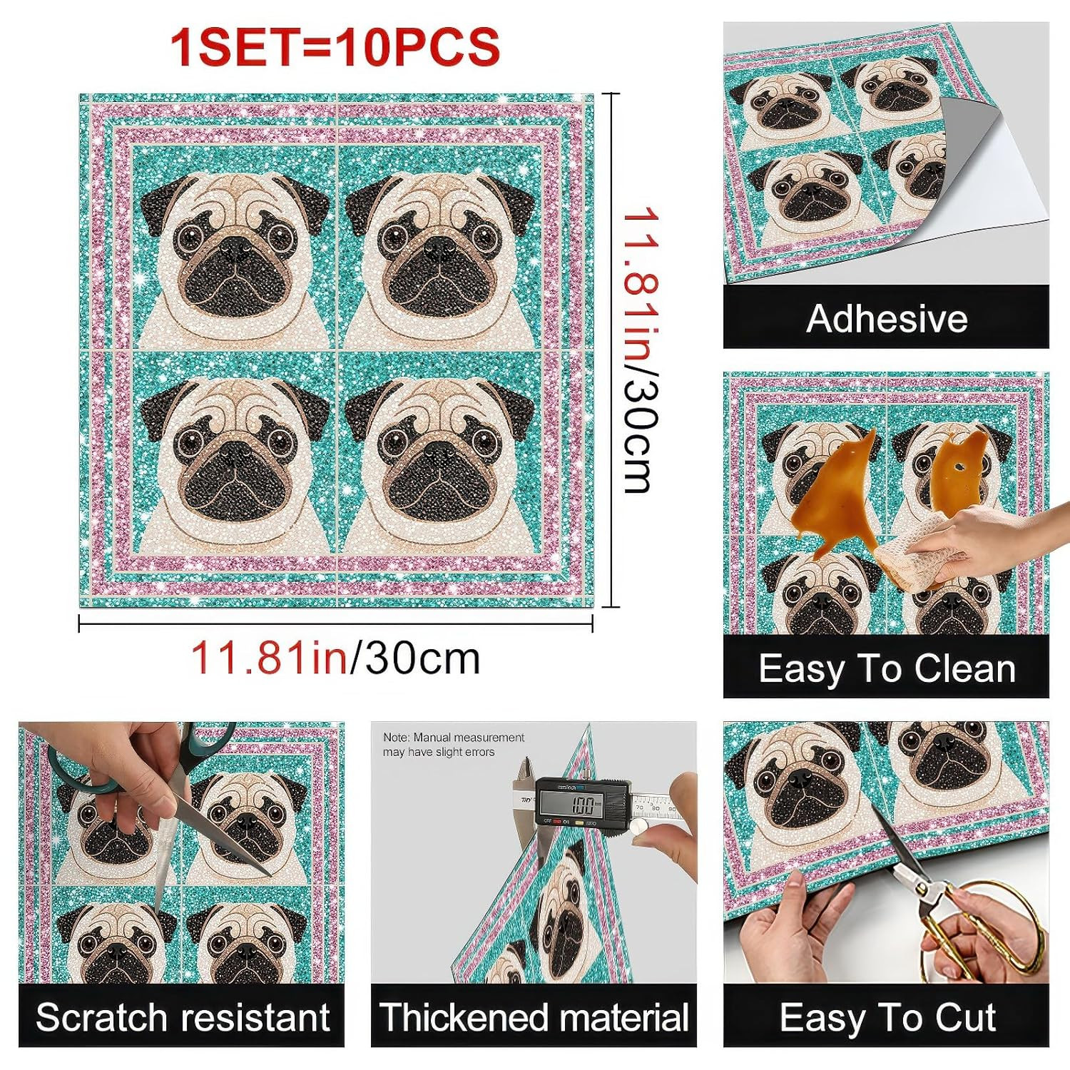 HOMETITUTE 10PCS 12X12 Inch Pug Dog Cartoon Face Pattern Floor Tiles Peel and S