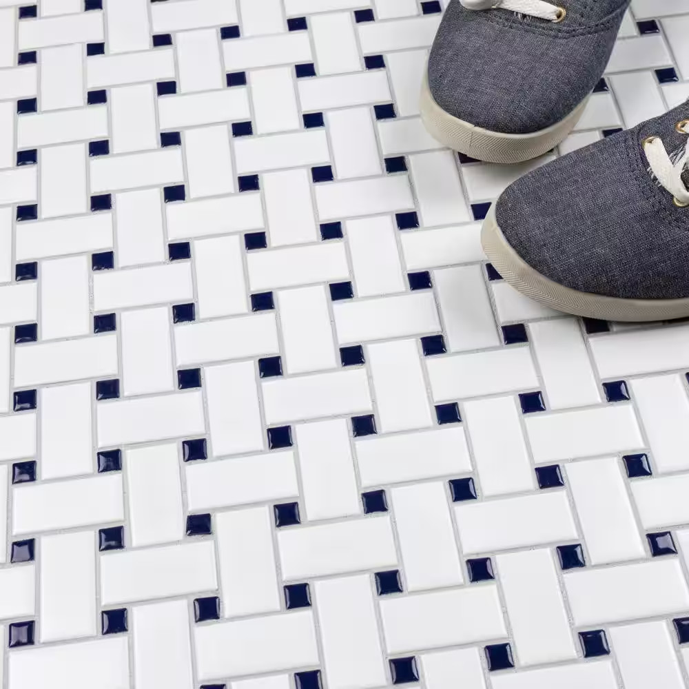 Metro Basketweave White with Glossy Cobalt Dot 11-3/4 In. X 11-3/4 In. Porcelain