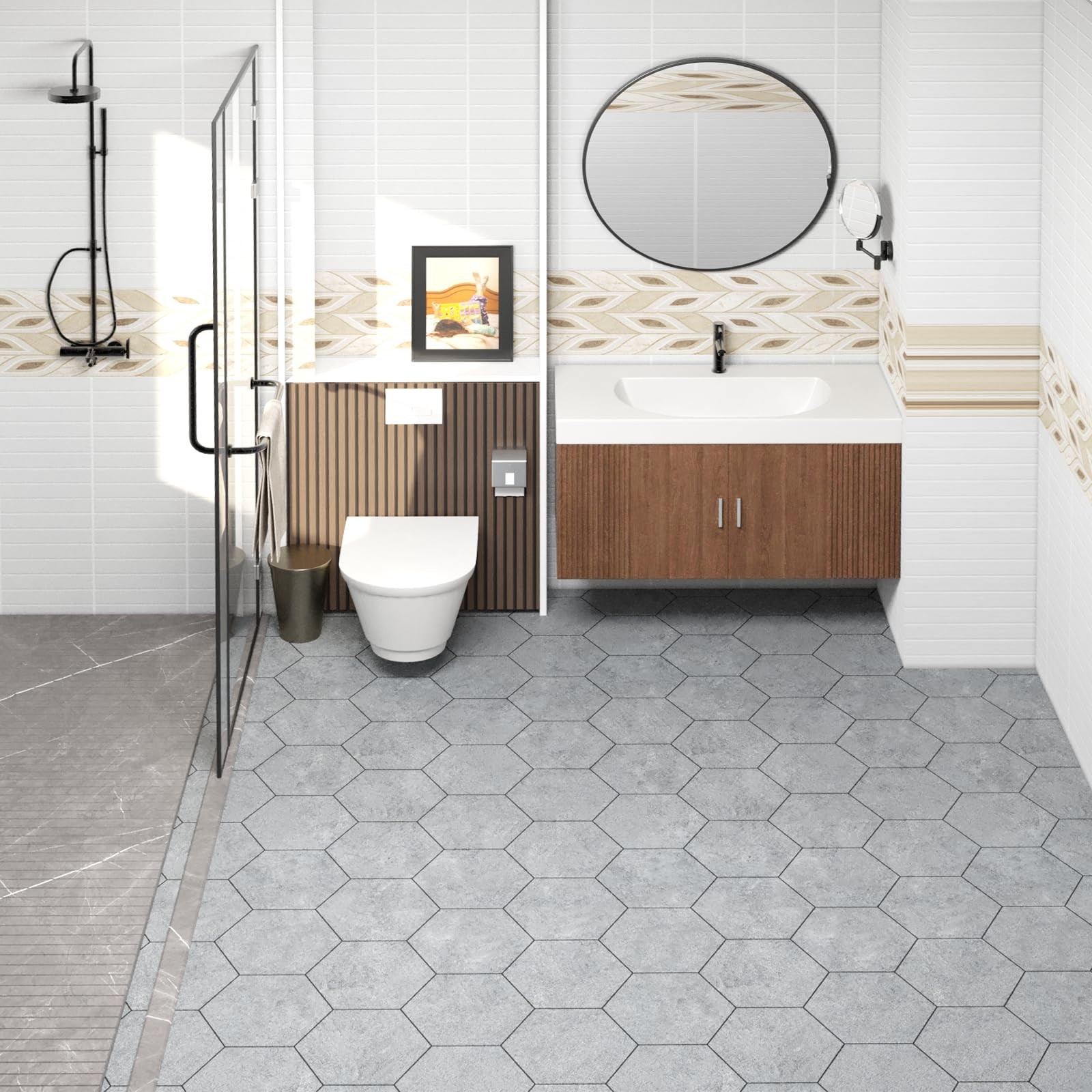 Oxdigi Vinyl Flooring Roll 64 sq.ft 24in x 396in Hexagonal Marble Grey