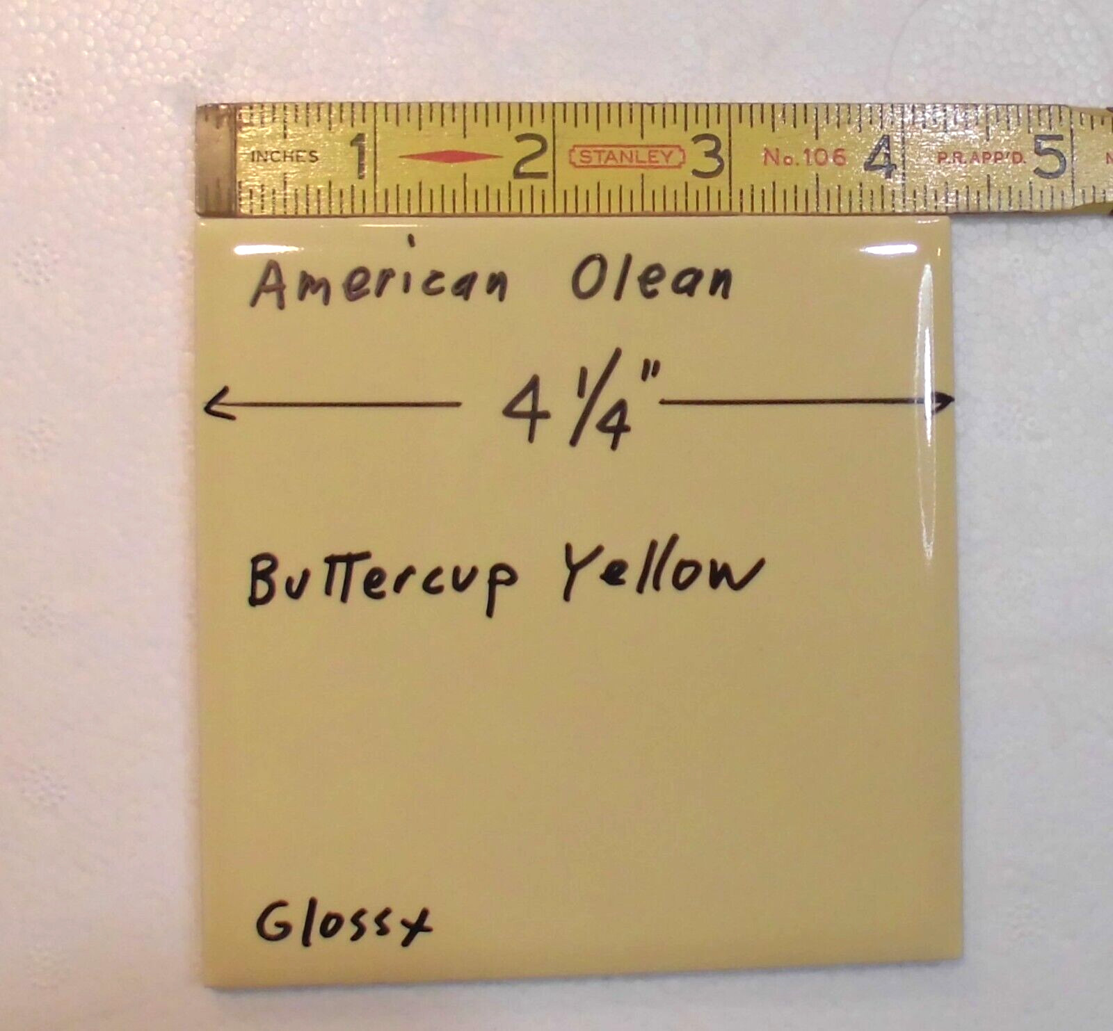 1 pc. Buttercup Yellow: 4-1/4″ Glossy Ceramic Tile by American Olean #12, NOS