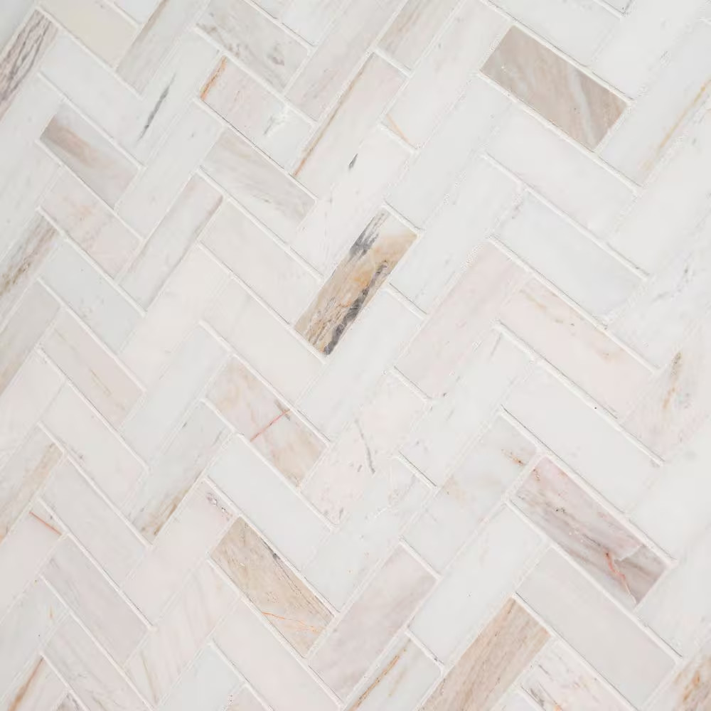 Angora Herringbone 12 In. X 14 In. X 0.38 In. Polished Marble Mesh-Mounted Mosai