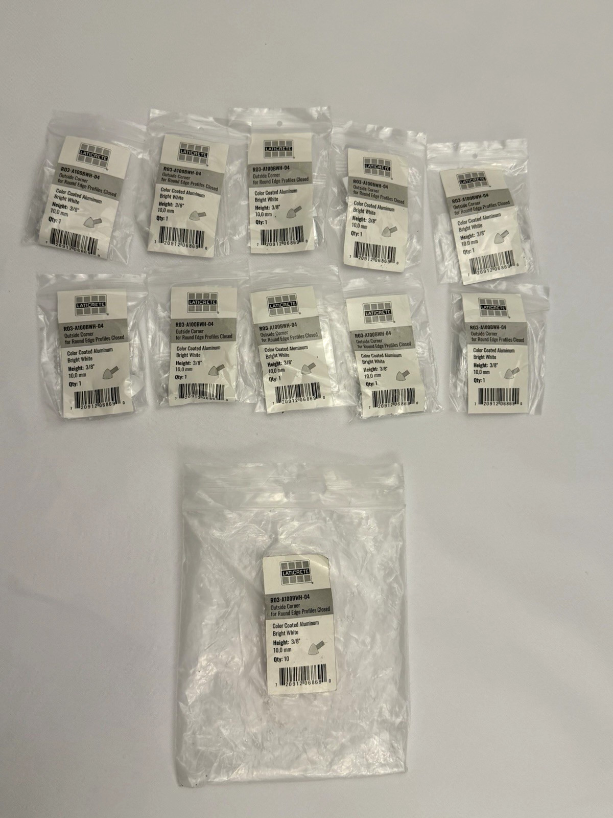 10pk Laticrete Round Edge 3/8″ Outside Corner Alum Bright White R03-A100BWH-04