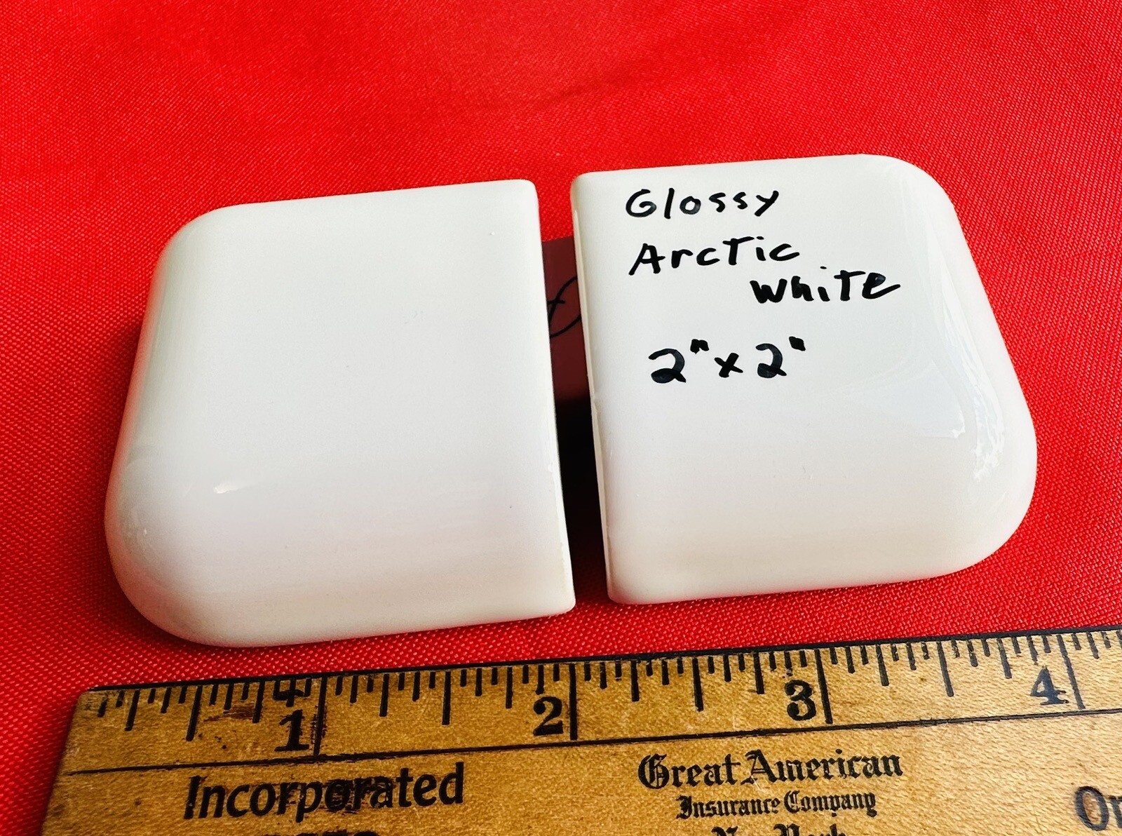 2 pcs. Glossy Arctic White: 2″ X 2″ Ceramic Radius Corner Bullnose Tiles, New