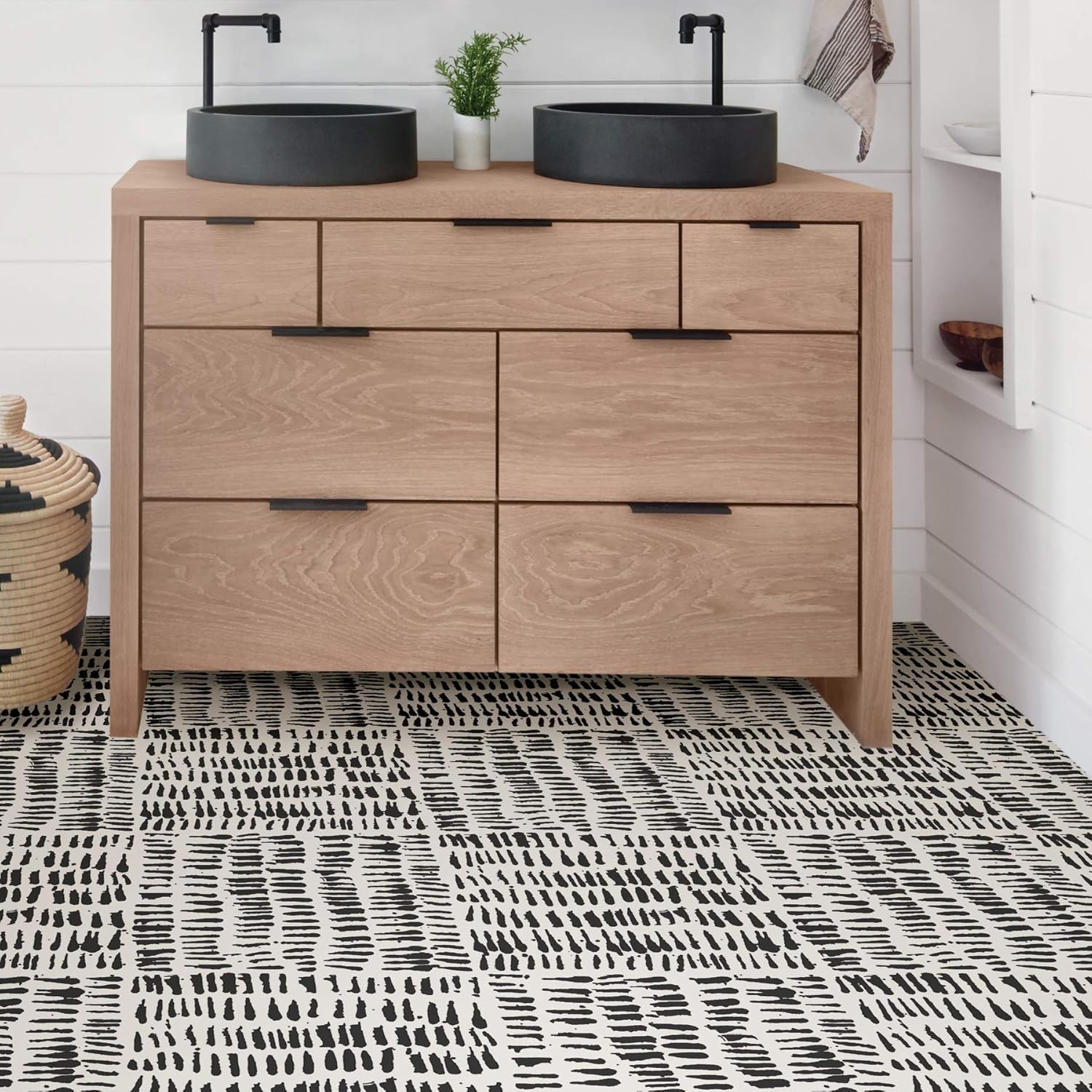 Water-Resistant Peel and Stick Floor Tiles, Black Brushstroke, 12×12 Inches Each