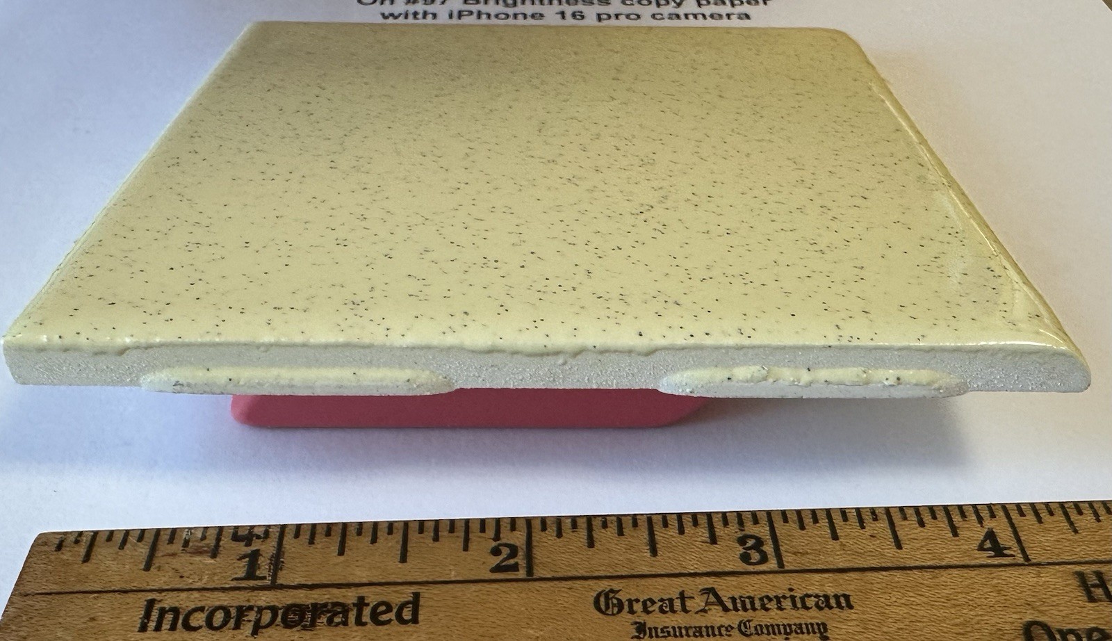 1 pc. Speckled Yellow Color: 4-1/4″ Glossy Ceramic Bullnose Tile, by Oxford Co.