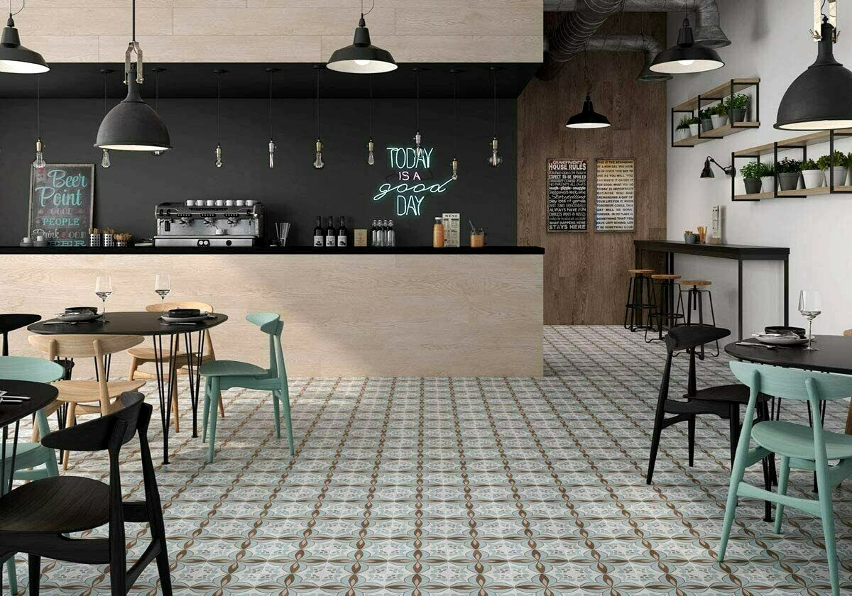 8.7 x 8.7 Cafe De Paris Larose Patterned Aqua/Blue Ink Porcelain Tile (BOX 10)