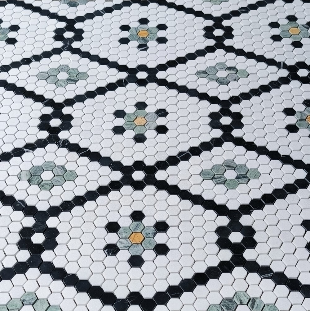 T31F6XH Thassos White Marble Hexagon Snowflake Mosaic Tile Black Green Gold