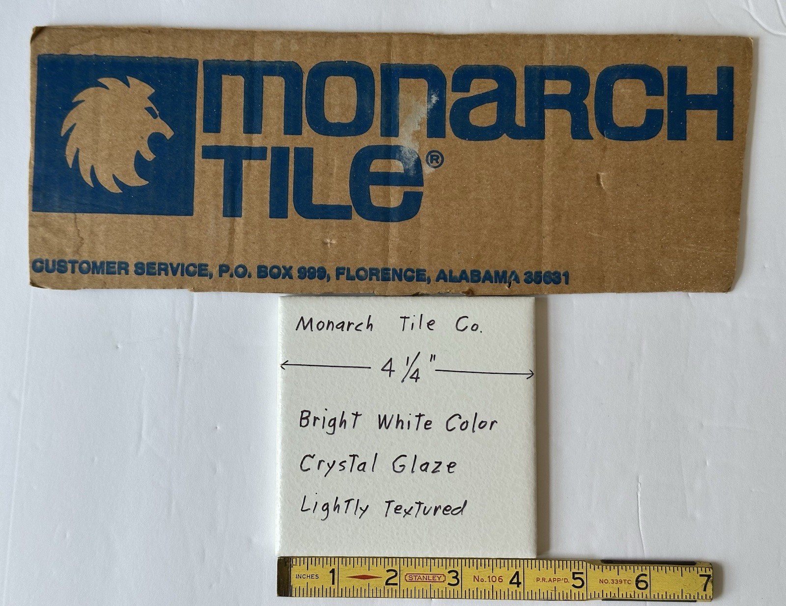 1 pc. Bright White 4-1/4″ Crystal Glazed Ceramic Tile by Monarch Tile Co. NEW