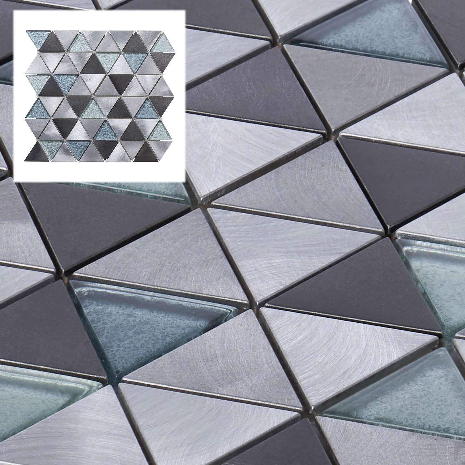Gray Aluminum Metal Crystal Glass Triangle Mosaic Tile Kitchen Wall Backsplash