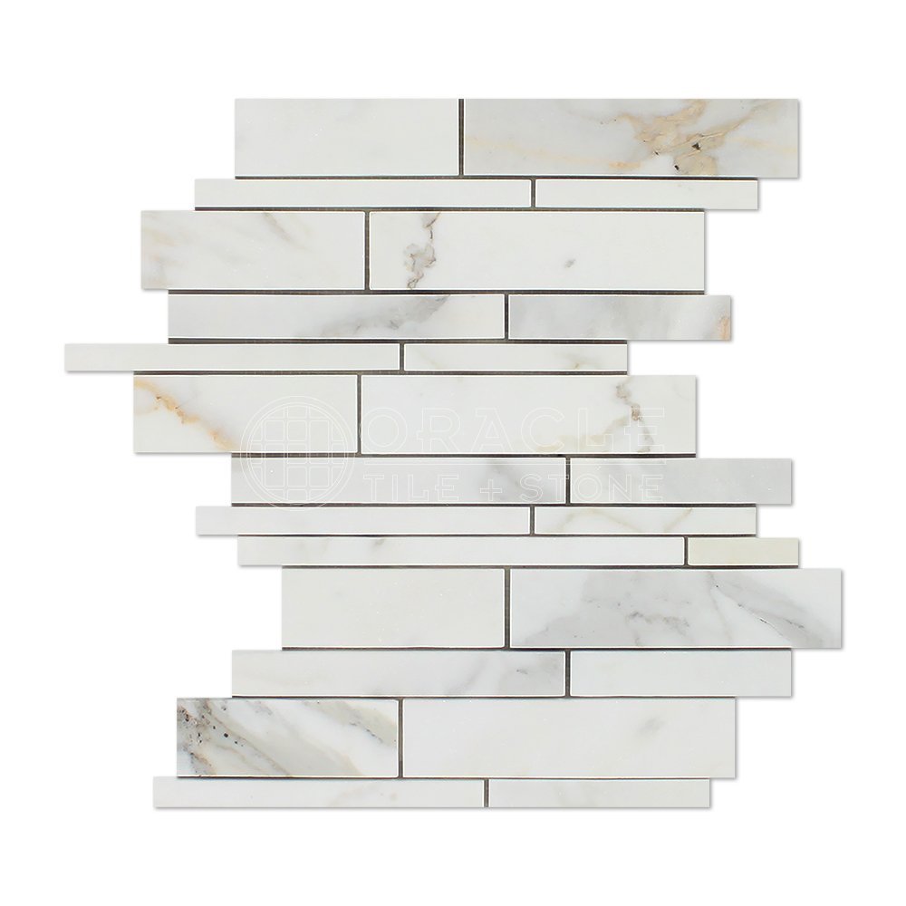 Calacatta Gold Marble POLISHED Random-Strip Mosaic Tiles – Lot of 5 Sheets