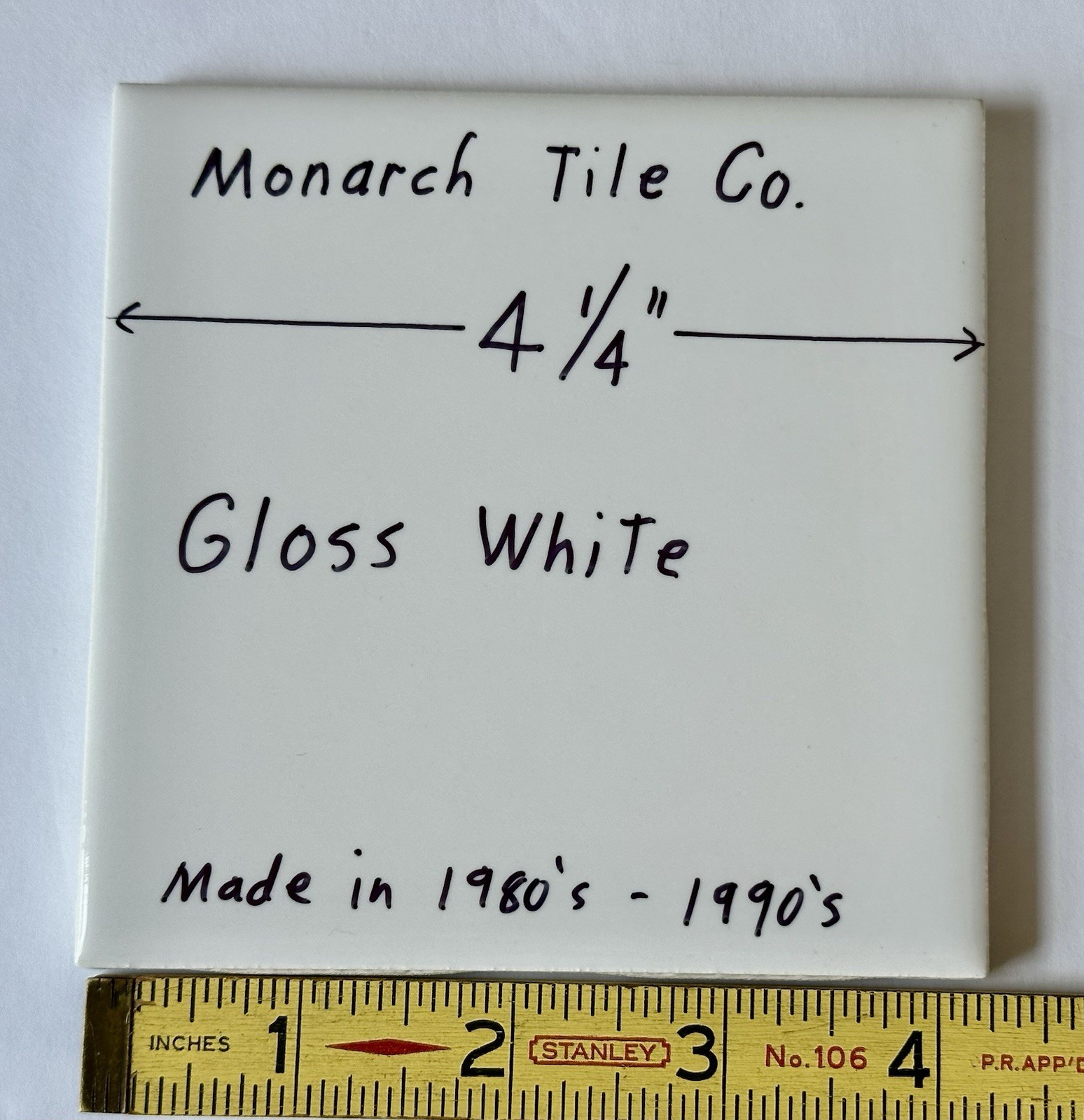 1 pc. Gloss – Bright – White: 4-1/4″ Ceramic Tile by Monarch Tile Co. USA, New