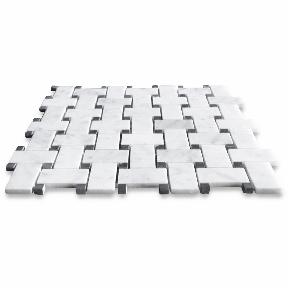 C651XH Carrara Venato Marble Basketweave Mosaic Tile Black Dots Honed 1×2