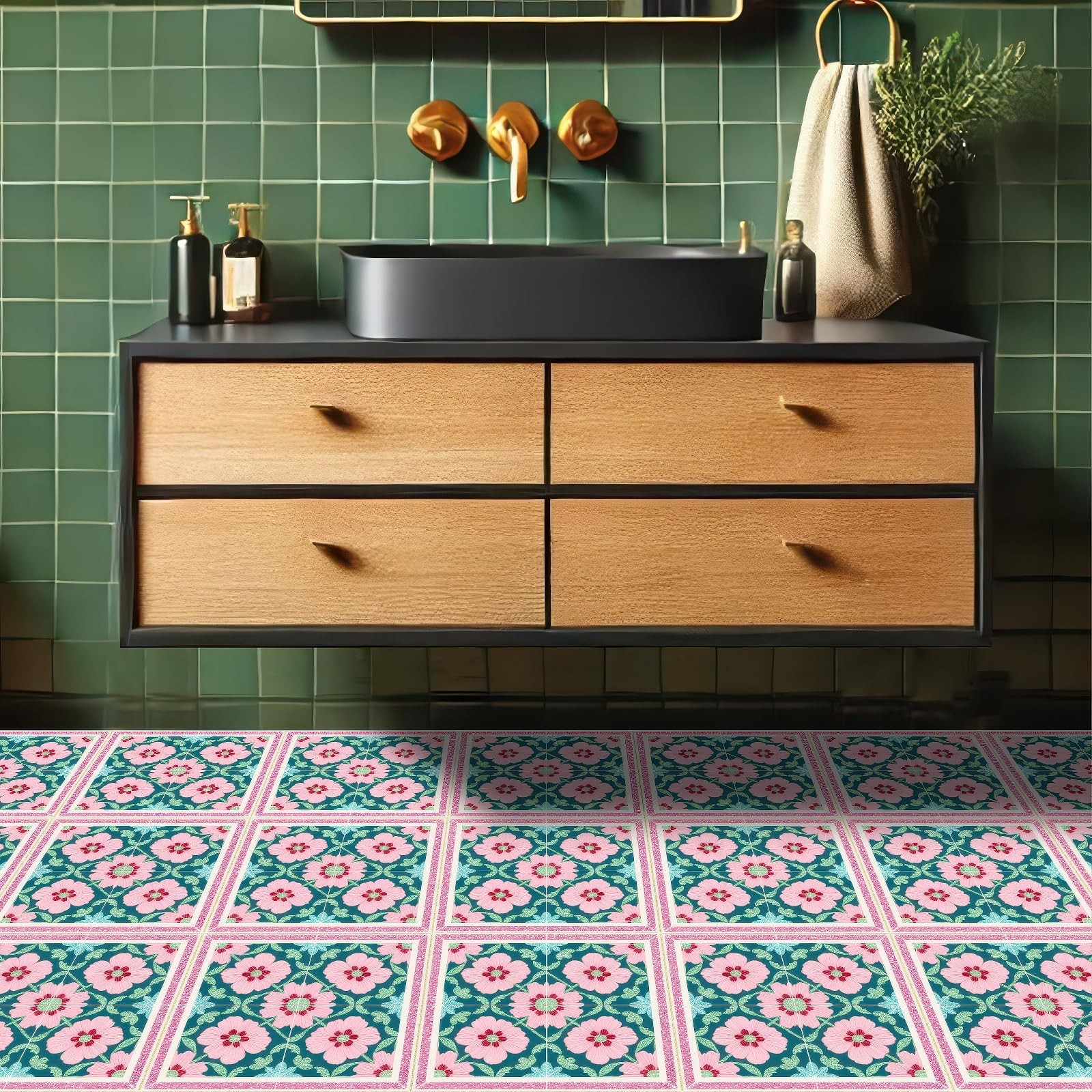 10PCS 12×12 Inch Floral Design Floor Tiles Peel and Stick Removable Self Adhe…