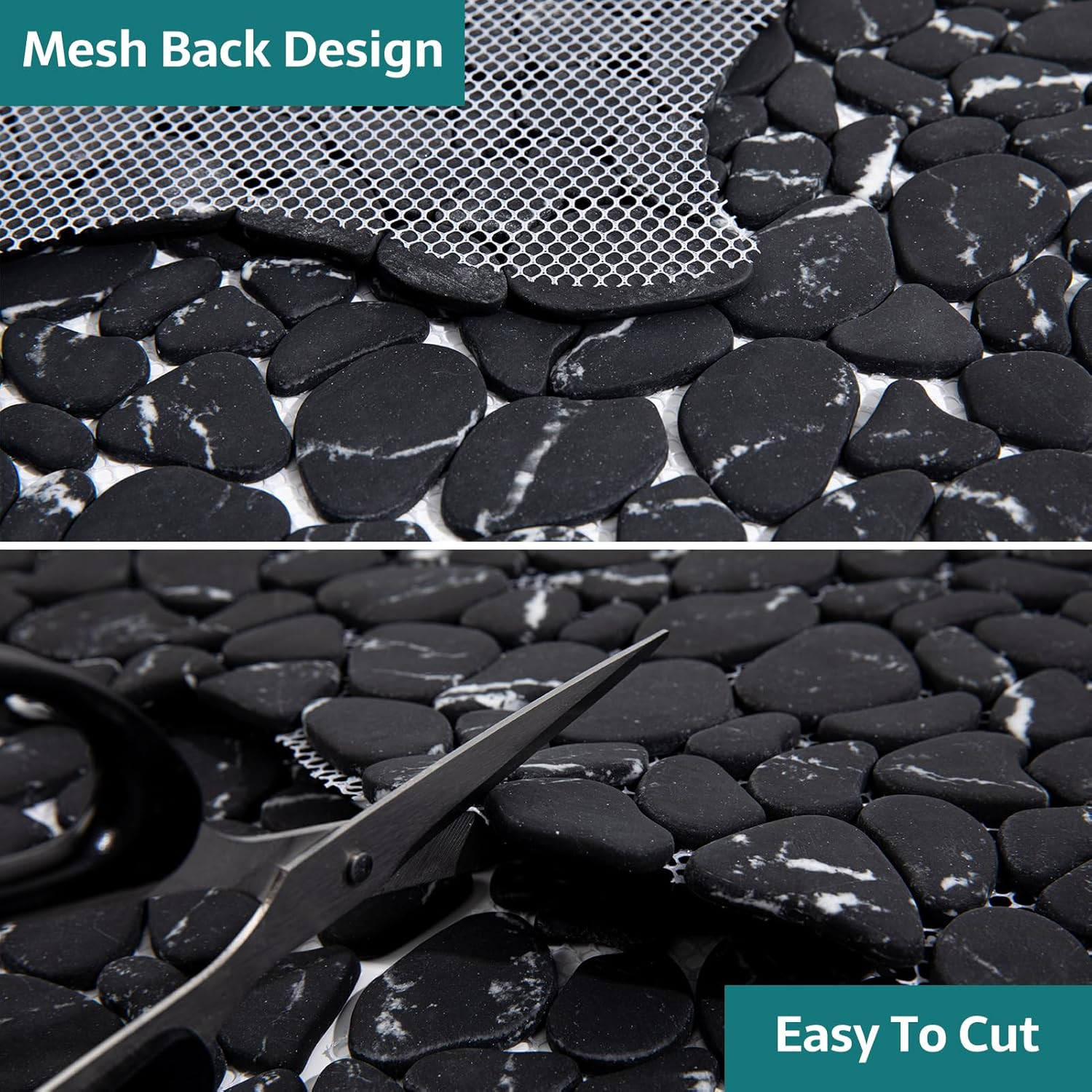 Pebble Tile for Shower Floor, Black Marble Veins Oval, 10 Sheets Pebble Mosaic B