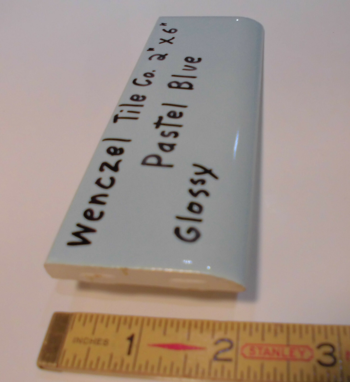 1 pc. Vintage Glossy *Pastel Blue* 2” X 6” Bullnose Ceramic Tile by Wenczel Co.