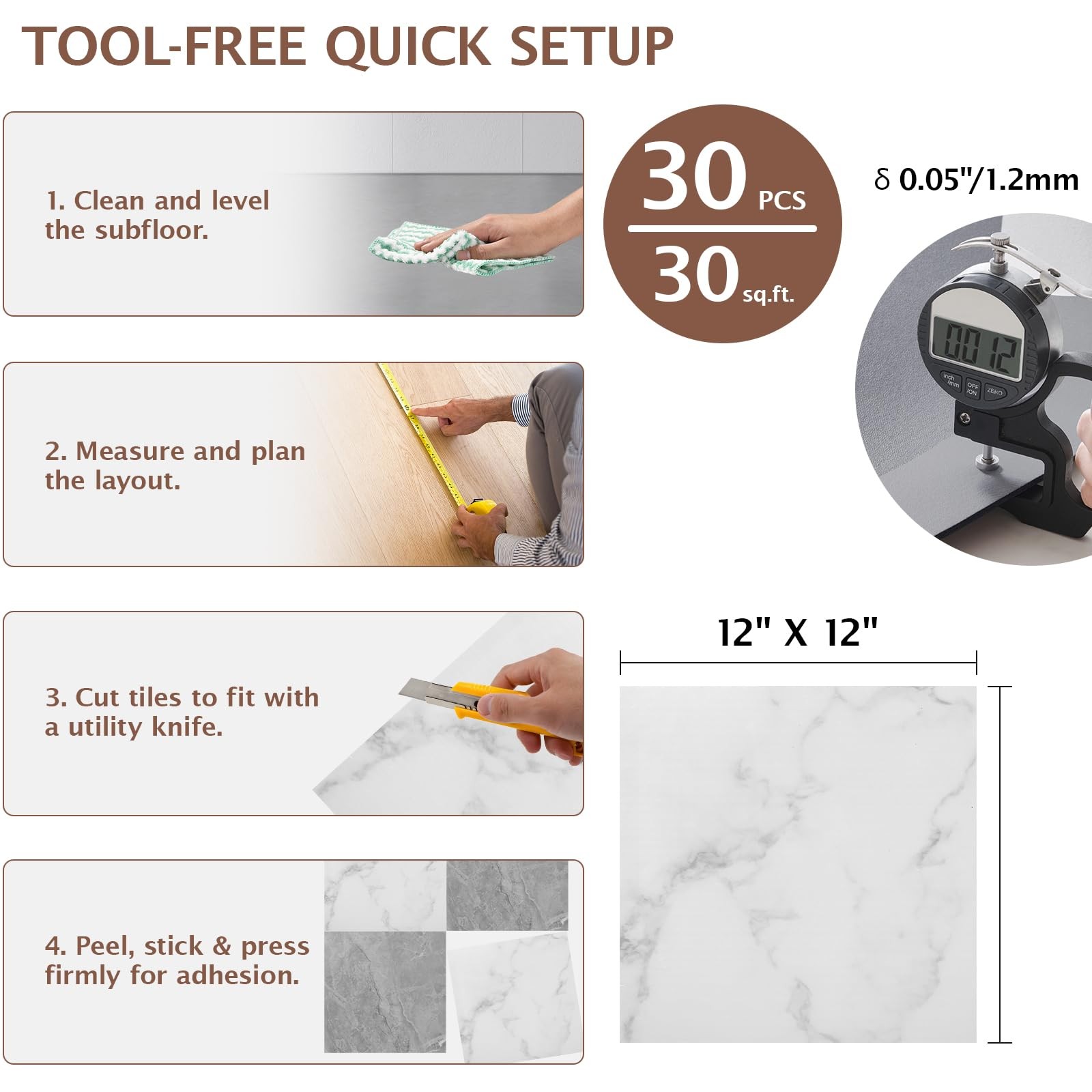 Peel and Stick Floor Tile, 30 PCS 12″ x 12″ Checkered Waterproof Marble Textu…