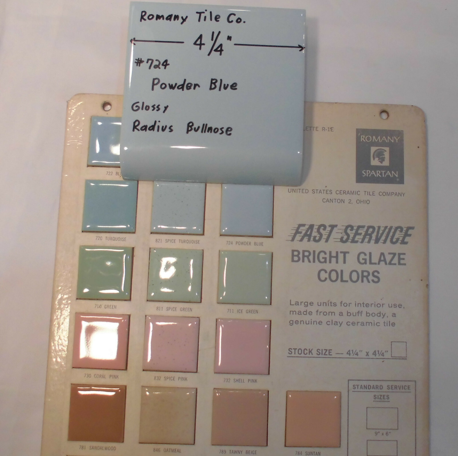 1 pc. Powder Blue: Glossy Radius Bullnose Ceramic Tile 4-1/4″ by Romany Co. NOS
