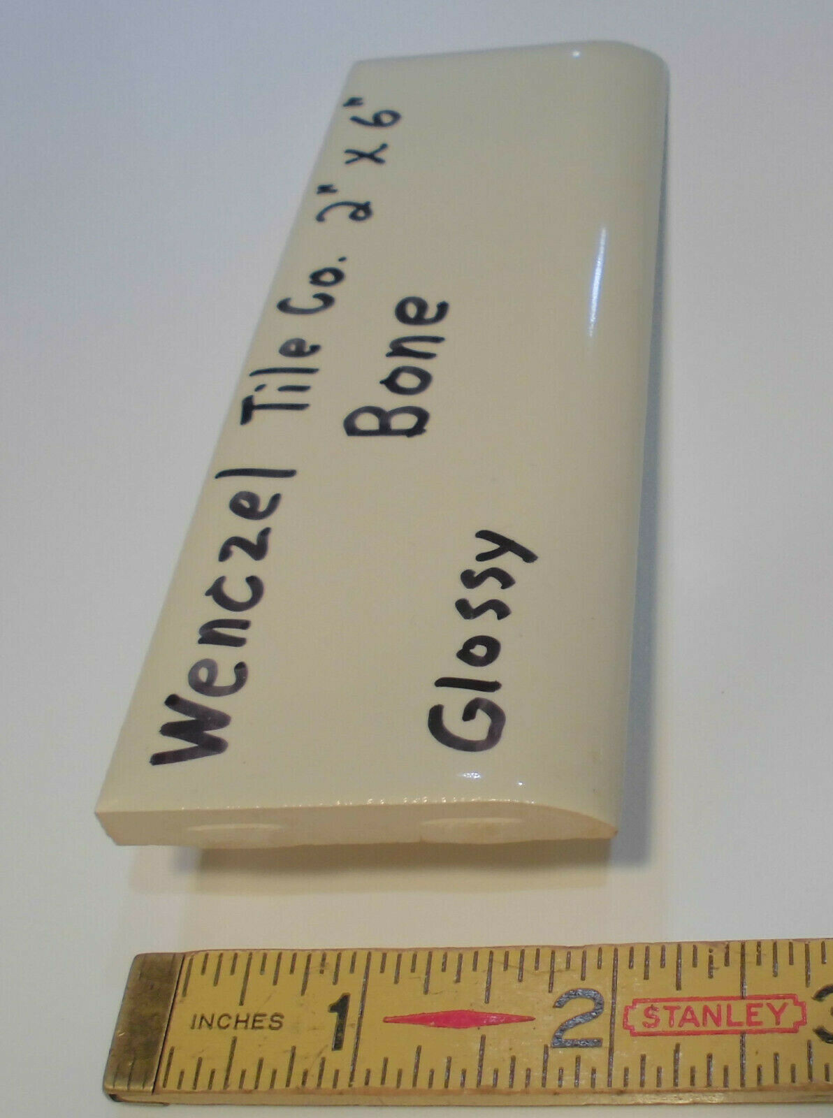 1 pc. Vintage Glossy *Bone* 2” X 6” Bullnose Ceramic Tile by Wenczel Co. NOS