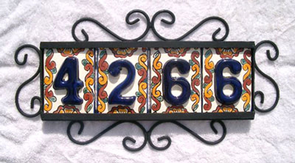 4 Mexican BLUE House Numbers Tiles with HORIZONTAL Iron Frame