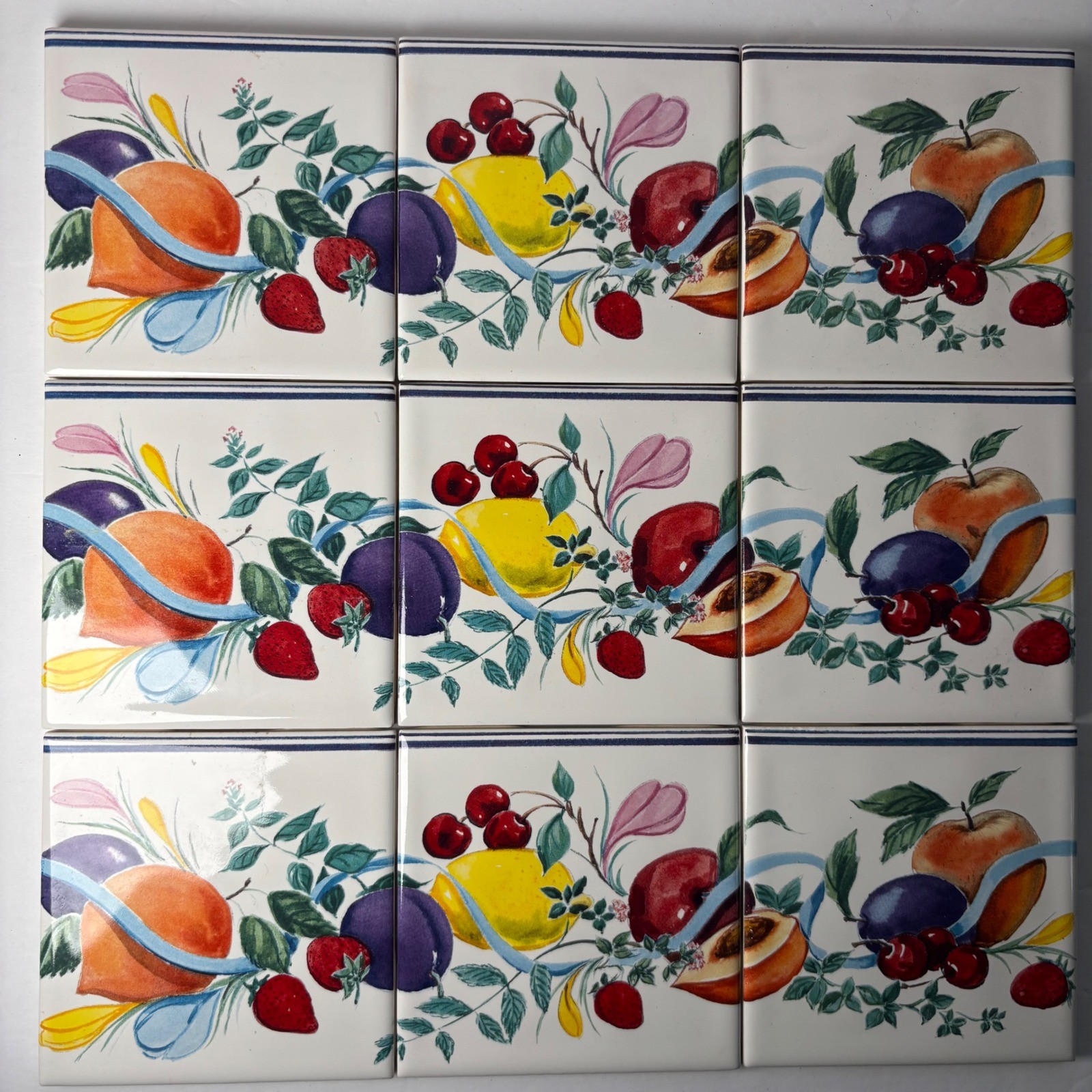 Fruit Ribbon Ceramic Tiles 4.5×4.5 Multicolor Mediterranean 9 Piece Set