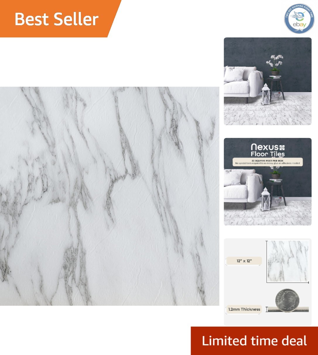Nexus Bianco Marble 12-Inch Vinyl Tiles – Peel & Stick, Low Maintenance Flooring